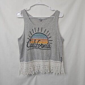 Y2k Charlotte Russe Sz Lg CALIFORNIA tank Top Gray Lace Beachy Coastal Vacation